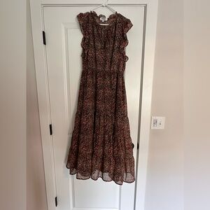 BB Dakota Black and Pink Ruffled Tiered Midi Dress